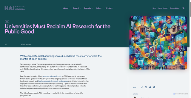 Security scan screenshot of https://hai.stanford.edu/news/universities-must-reclaim-ai-research-for-the-public-good