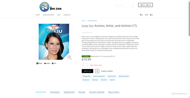 Security scan screenshot of https://www.thebookfarminc.com/Lucy-Liu-Actress-Artist-and-Activist-17.html