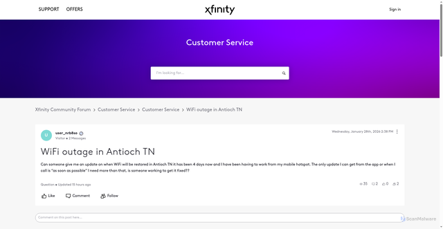 Security scan screenshot of https://forums.xfinity.com/conversations/your-home-network/wifi-outage-in-antioch-tn/697a1f5670934d0091697579