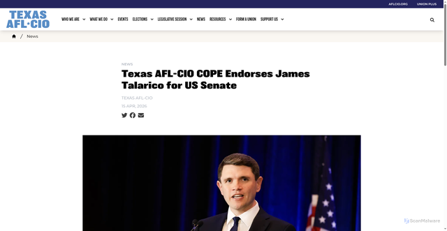 Security scan screenshot of https://texasaflcio.org/news/texas-afl-cio-cope-endorses-james-talarico-us-senate-0