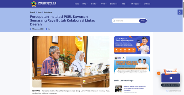 Security scan screenshot of https://jatengprov.go.id/publik/percepatan-instalasi-psel-kawasan-semarang-raya-butuh-kolaborasi-lintas-daerah/