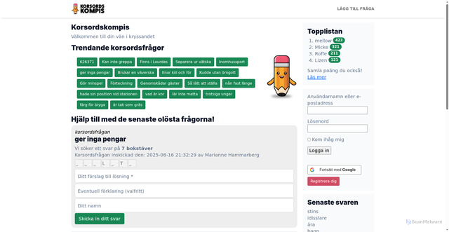 Security scan screenshot of https://korsordskompis.se