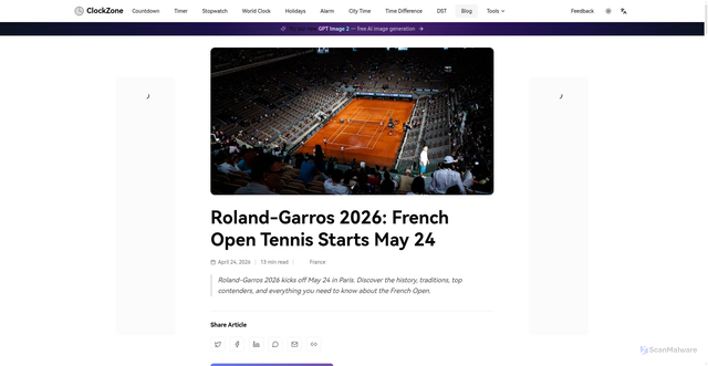 Security scan screenshot of https://clockzone.net/blog/roland-garros-2026-french-open-tennis-starts-24-2026-05-24