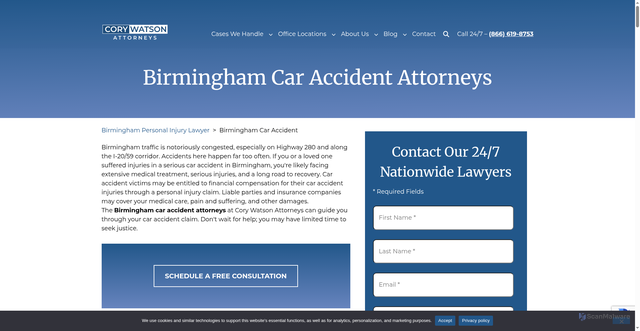 Security scan screenshot of https://www.corywatson.com/birmingham/car-accident-lawyer/