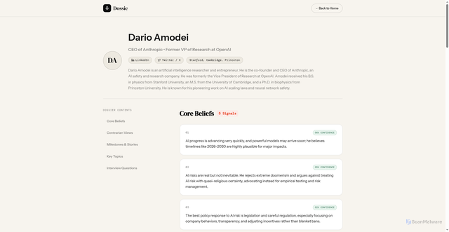 Security scan screenshot of https://www.dossieapp.com/dossiers/dario-amodei.html