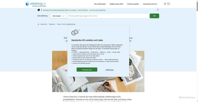 Security scan screenshot of https://www.utbildning.se/inspiration/topplistor/topp-10-projektledarutbildningar-25662?utm_source=user.com&utm_medium=email&utm_campaign=nyhetsbrev-utbildning-12maj2026&__ca__chat=2rvz9mwvzqcp