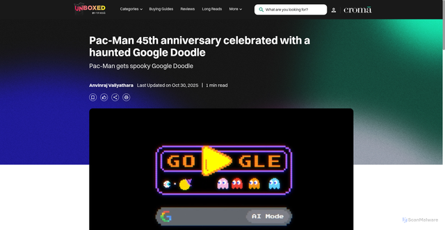 Security scan screenshot of https://www.croma.com/unboxed/google-doodle-pac-man-45th-anniversary?srsltid=AfmBOopkZPEHuouaLBI3YQVDbXbBJmQW9dyonT9zb1bOFgneB9qWxf1X