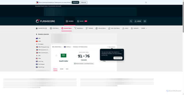 Security scan screenshot of https://www.flashscore.ph/en/match/basketball/iraq-l0w289b1/saudi-arabia-4xL2chQT/