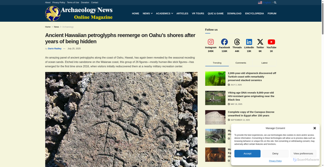 Security scan screenshot of https://archaeologymag.com/2025/07/hawaiian-petroglyphs-reemerge-on-oahu/