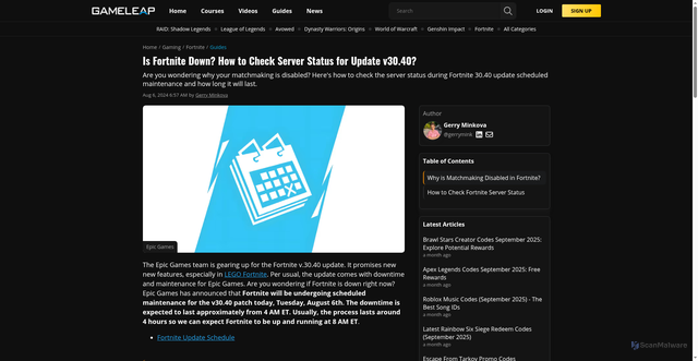 Security scan screenshot of https://www.gameleap.com/articles/is-fortnite-down-how-to-check-server-status-for-update-v30-40