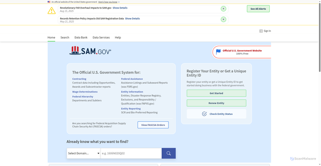 Security scan screenshot of https://sam.gov/