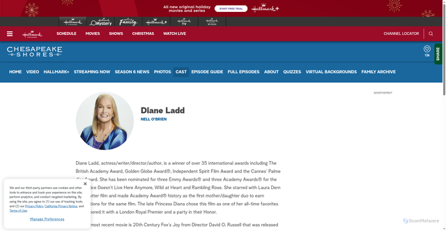 Security scan screenshot of https://www.hallmarkchannel.com/Chesapeake-Shores/cast/Diane-Ladd