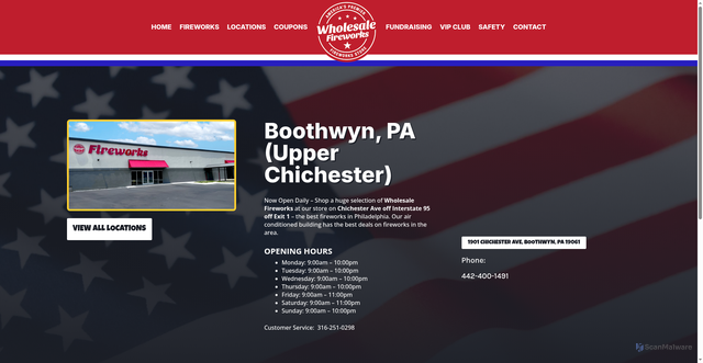 Security scan screenshot of https://wholesalefireworks.com/location/boothwyn-pa-upper-chichester/
