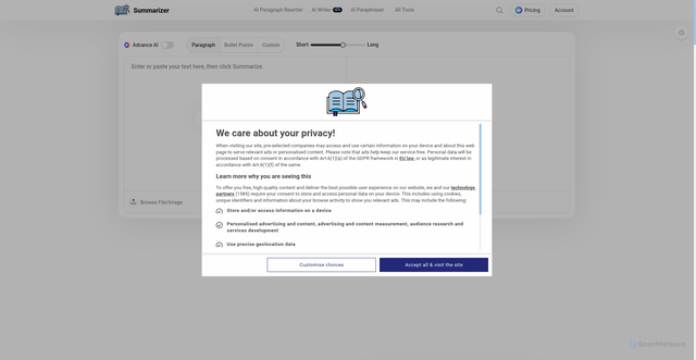 Security scan screenshot of https://www.summarizer.org