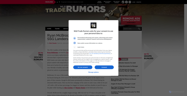 Security scan screenshot of https://www.mlbtraderumors.com/2025/04/ryan-mcbroom-signs-with-kbos-ssg-landers.html