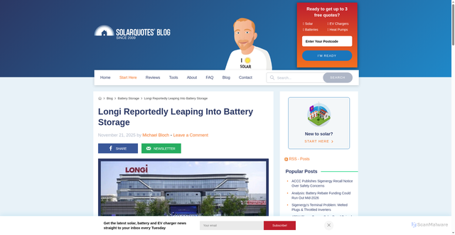 Security scan screenshot of https://www.solarquotes.com.au/blog/longi-potisedge-acquistion-mb3318/