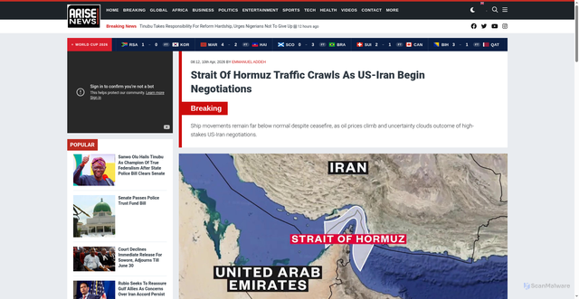Security scan screenshot of https://www.arise.tv/strait-of-hormuz-traffic-crawls-as-us-iran-begin-negotiations/