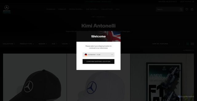 Security scan screenshot of https://shop-us.mercedesamgf1.com/collections/kimi-antonelli?srsltid=AfmBOorogd6zQOk0EHipH9CvZv3VWPH7DwtBb_kENclRh0gbxxDuGqT7