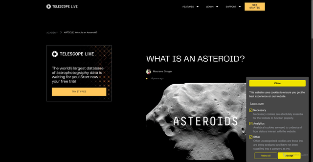 Security scan screenshot of https://telescope.live/academy/what-asteroid