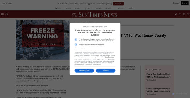 Security scan screenshot of https://thesuntimesnews.com/freeze-warning-issued-until-11am-for-washtenaw-county/
