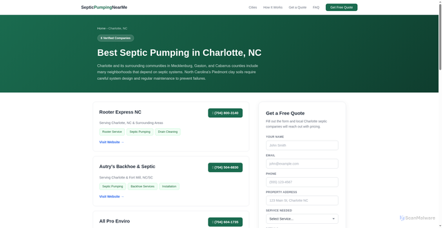 Security scan screenshot of https://findsepticpumping.pages.dev/charlotte-nc.html