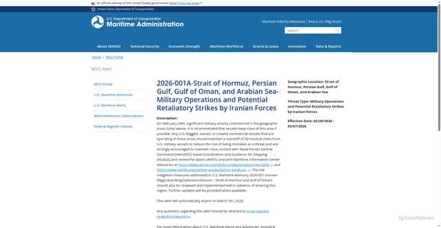 Security scan screenshot of https://www.maritime.dot.gov/msci/2026-001a-strait-hormuz-persian-gulf-gulf-oman-and-arabian-sea-military-operations-and
