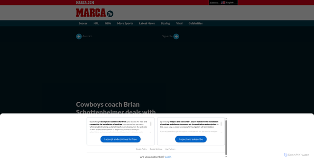 Security scan screenshot of https://videos.marca.com/v/x9t0pjo-cowboys-coach-brian-schottenheimer-deals-with-unexpected-house-guest