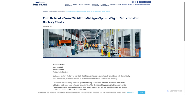 Security scan screenshot of https://michauto.org/ford-retreats-from-evs-after-michigan-spends-big-on-subsidies-for-battery-plants/
