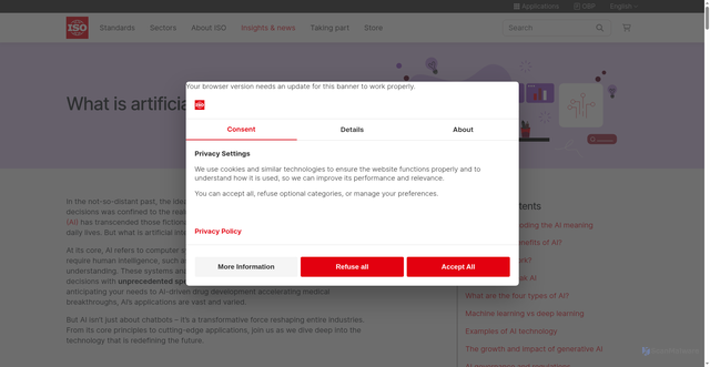 Security scan screenshot of https://www.iso.org/artificial-intelligence/what-is-ai