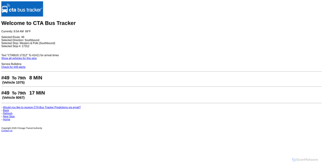 Security scan screenshot of https://www.ctabustracker.com/bustime/wireless/html/eta.jsp?route=49&direction=Southbound&id=17312&showAllBusses=off