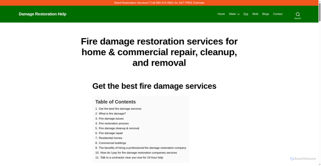 Security scan screenshot of https://www.damagerestorationhelp.com/fire-damage-services/