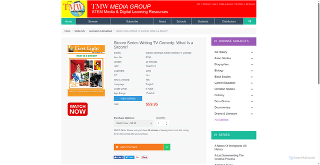 Security scan screenshot of https://tmwmedia.com/product/sitcom-series-writing-tv-comedy-what-is-a-sitcom/series/