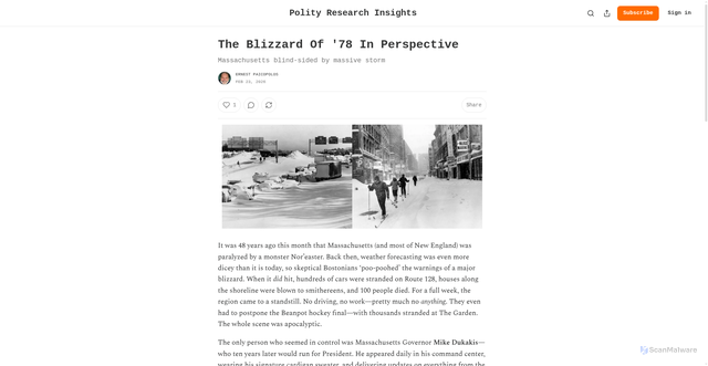 Security scan screenshot of https://polityresearch.substack.com/p/the-blizzard-of-78-in-perspective