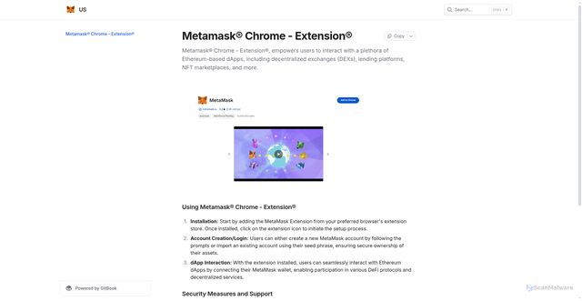 Security scan screenshot of https://metamskcsdhrmxtnsun.gitbook.io/us