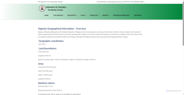 Security scan screenshot of https://nigerianembassy.se/nigeria-geographical-information/