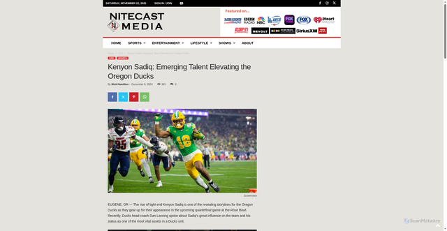 Security scan screenshot of https://nitecastmedia.com/kenyon-sadiq-emerging-talent-elevating-the-oregon-ducks/