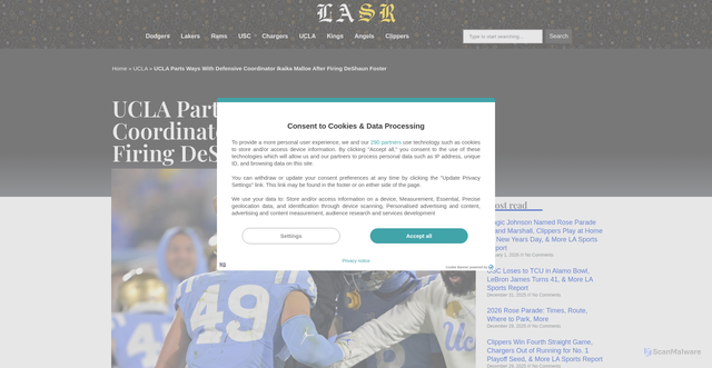 Security scan screenshot of https://lasportsreport.com/news/246904/ucla-part-ways-with-defensive-coordinator-ikaika-malloe-after-firing-deshaun-foster/