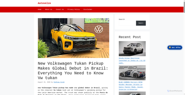 Security scan screenshot of https://autovelzo.com/new-volkswagen-tukan-pickup-vw-tukanmakes-global-debut-in-brazil/