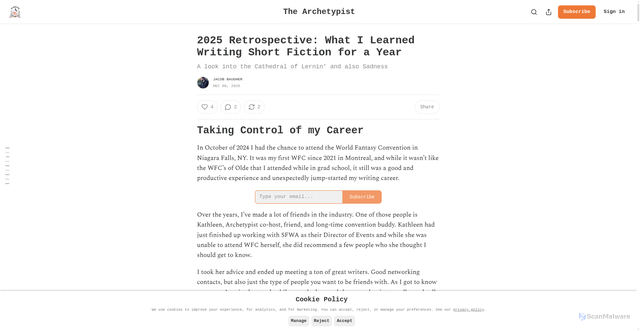Security scan screenshot of https://thearchetypist.substack.com/p/2025-retrospective-what-i-learned