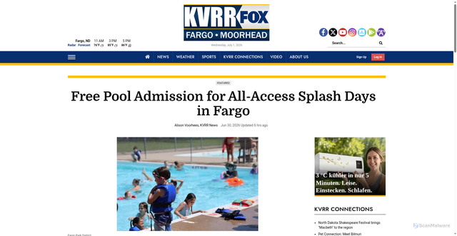 Security scan screenshot of https://www.kvrr.com/news/local/free-pool-admission-for-all-access-splash-days-in-fargo/article_4ae6ce68-9380-40de-a53f-bb4c1dca7c40.html