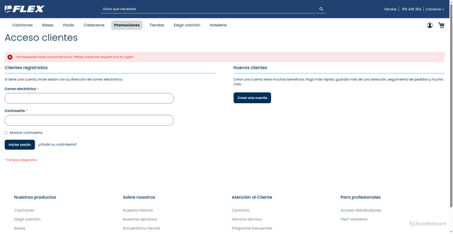 Security scan screenshot of https://canarias-stg.flex.es/stores/store/switch/?___from_store=flex_b2b_espana_store_view&___store=flex_canarias&data=mWWqfLNeI6CYyTOgDsRL2UpHWbc2M9rl&signature=4b536637905bc26e9a2951d85d406db0c852f4ba0509e8b9fd084ced30b6d6be&time_stamp=1772203179&uenc=aHR0cHM6Ly9jYW5hcmlhcy1zdGcuZmxleC5lcy9jdXN0b21lci9hY2NvdW50L2xvZ2luL3JlZmVyZXIvYUhSMGNITTZMeTlpZFhOcGJtVnpjeTF6ZEdjdVpteGxlQzVsY3k5amRYTjBiMjFsY2k5aFkyTnZkVzUwTDJsdVpHVjRMdyUyQyUyQy8_X19fc3RvcmU9ZmxleF9jYW5hcmlhcw%2C%2C