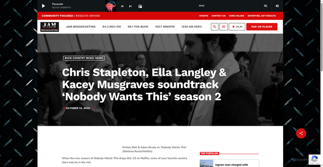 Security scan screenshot of https://jambroadcasting.com/chris-stapleton-ella-langley-kacey-musgraves-soundtrack-nobody-wants-this-season-2/