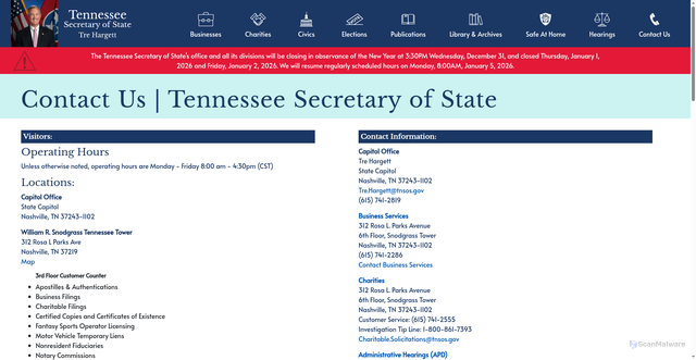 Security scan screenshot of http://sos.tn.gov/contact