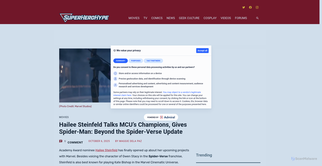 Security scan screenshot of https://www.superherohype.com/movies/632350-hailee-steinfeld-talks-mcu-champions-gives-spider-man-beyond-the-spider-verse-update