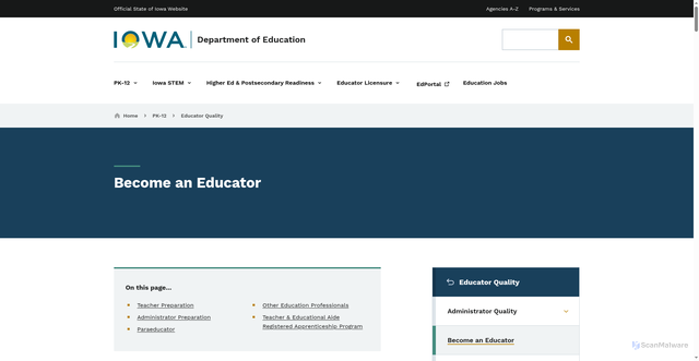 Security scan screenshot of https://educate.iowa.gov/pk-12/educator-quality/become-educator