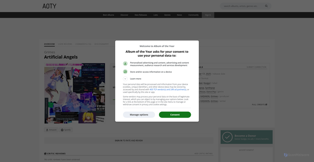 Security scan screenshot of https://www.albumoftheyear.org/album/1504816-grimes-artificial-angels.php