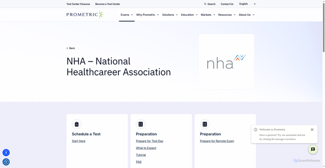 Security scan screenshot of https://www.prometric.com/exams/nha