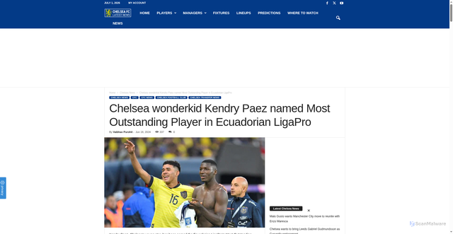 Security scan screenshot of https://chelseafclatestnews.com/chelsea-wonderkid-kendry-paez-named-most-outstanding-player-in-ecuadorian-ligapro-198644/