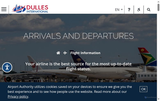 Security scan screenshot of https://www.flydulles.com/arrivals-and-departures