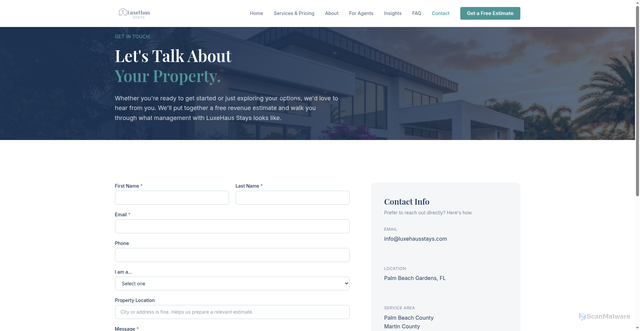 Security scan screenshot of https://luxehausstays-website.pages.dev/contact/